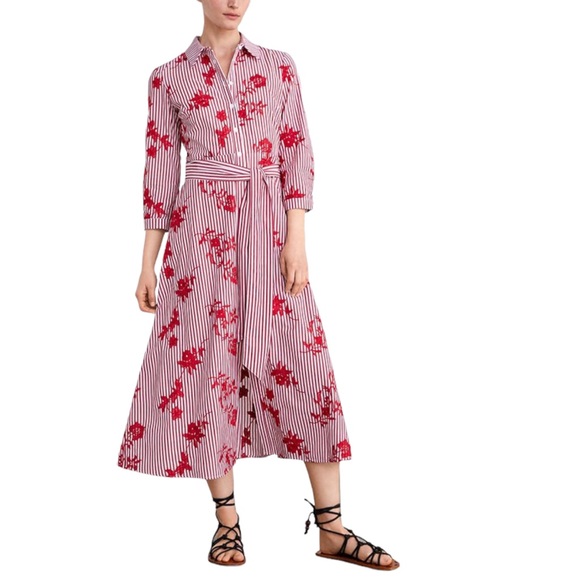 Zara Striped Embroided Dress Red  Midi XSmall - Picture 14 of 15